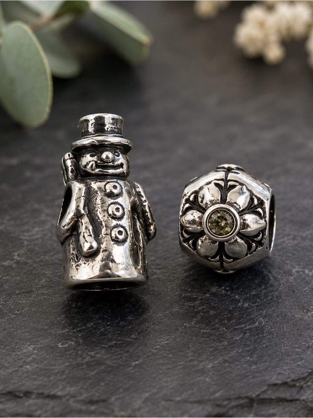 Sterling Silver Trollbead Snowman and Snowflake Crystal Charm Set 8g